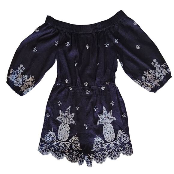 NWT Anthropologie Farm Rio Linen Pineapple Romper XS Navy Embroidered Summer - Picture 6 of 8